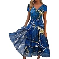 Women's Ruffle Casual Prom Dresses for Women Summer Pleated Cocktail Trendy Knit Short Sleeve Floral V Neck Modest
