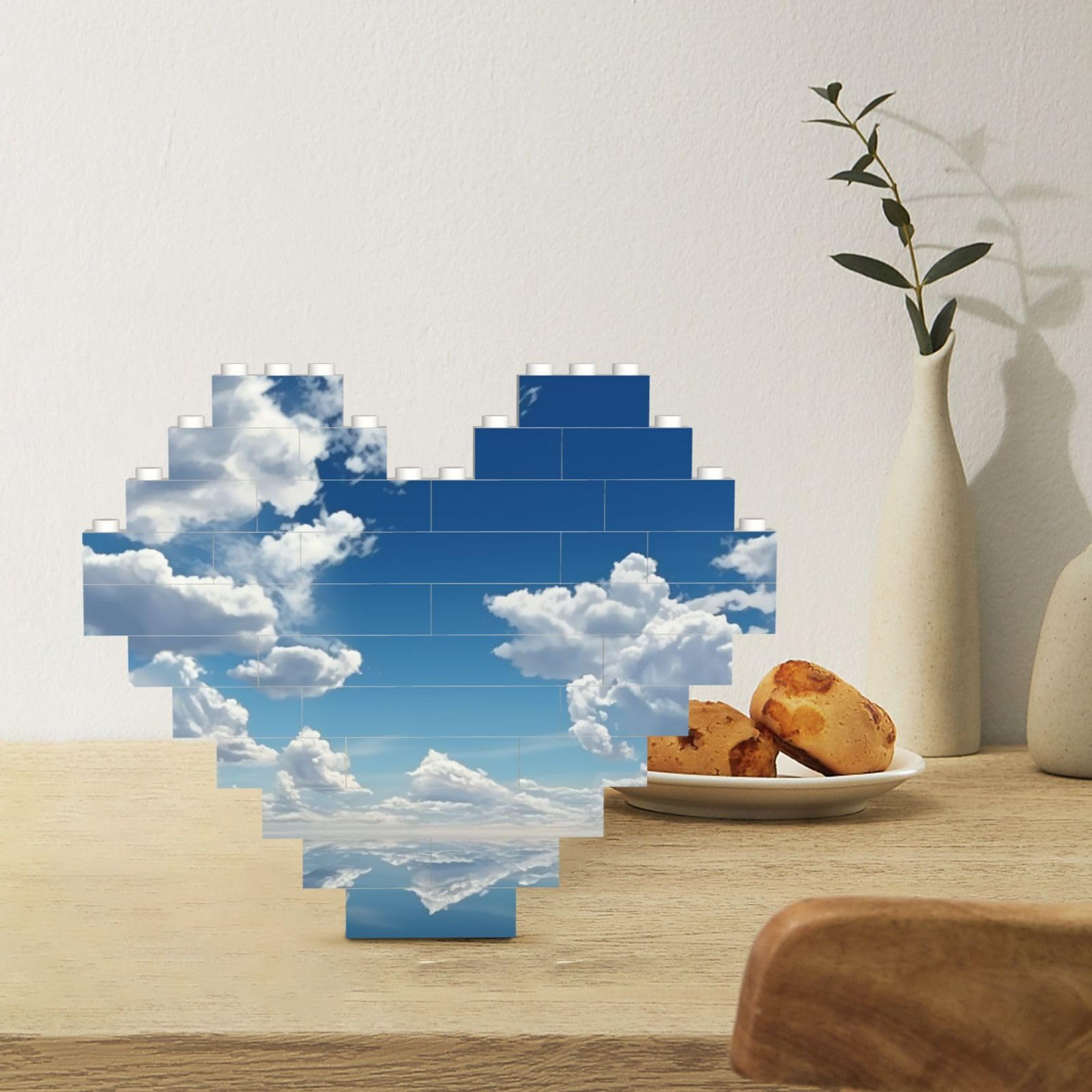Building Block Puzzle Heart Shaped Building Bricks Blue Sky and White Clouds Puzzles Block Puzzle for Adults 3D Micro Building Blocks for Home Decor Bricks Set
