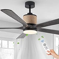 60in Hemp Rope Ceiling Fan with Light and Remote Large Black Wood Ceiling Fan Light Farmhouse Outdoor Fandelier with 5 Blades for Patio Living Room Bedroom