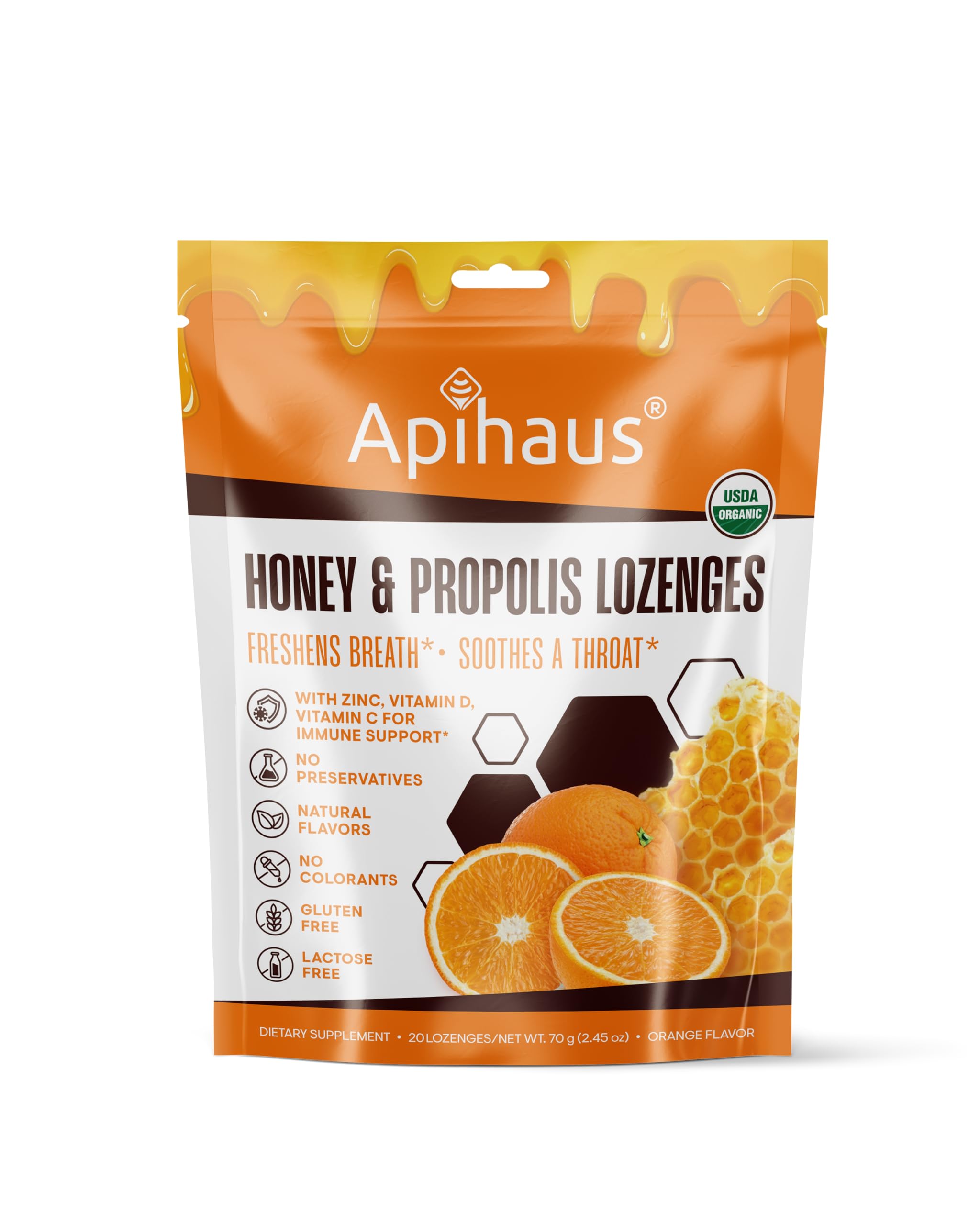 apihaus Honey and Propolis Lozenges Orange Flavor, Freshens Breath - Soothes a Throat- Immune Support with Vitamin C, Vitamin D and Zinc, 20 Count