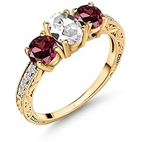 Gem Stone King 2.32 Ct White Created Sapphire Red Rhodolite Garnet 18K Yellow Gold Plated Silver Ring