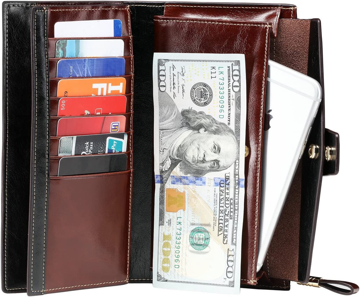 Itslife Womens Wallet RFID Blocking Large Capacity Luxury Wax Genuine Leather Wallets Clutch Wallet Ladies Card holder, Coffee