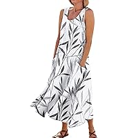Summer Dresses for Women 2024 Printed Lightweight Sun Dress with Pocket Sleeveless Casual Dress Flowy Trendy Dresses