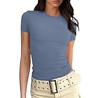 A Line Working Short Sleeve Tops Women Summer Slacking Slimming Deep Neck T Shirt Female Ruched