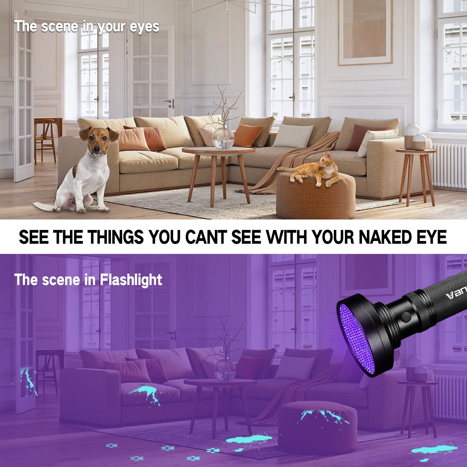 Vansky 100 LED & 12 LED Black Light UV Flashlights, 395nm Blacklight Pet Urine Detector for Dog Cat, Dry Stains and Bed Bug, Matching with Pet Odor Eliminator