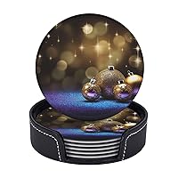 Golden Glitter Christmas Printed Drink Coasters with Holder Leather Coasters Set of 6 Tabletop Protection Decorate Cup Mat for Coffee Table Bar Kitchen Dining Room