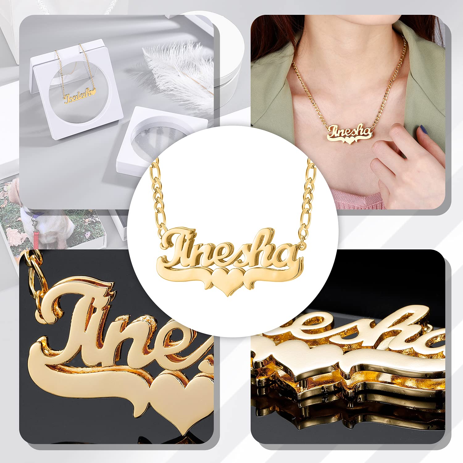 Qitian Double Layer Heart Nameplate Necklace 18K Gold Plated Custom Letter Name Necklaces Personalized double plated necklace with Heart Stainless Steel Pendant for Women Teen Girls Jewelry Gift