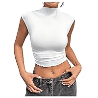 WDIRARA Women's Mock Neck Slim Fit Crop Tank Top Ruched Basic Sleeveless T-Shirt Tops