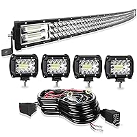 Led Light Bar 30/32Inch 441W Curved Triple Row Offroad Led Bar Waterproof 44100LM Spot Flood Combo + 4Pcs 4 Inch Led Pods Fog Lights + Wiring for Truck SUV Polaris Ranger RZR Golf Cart 4x4