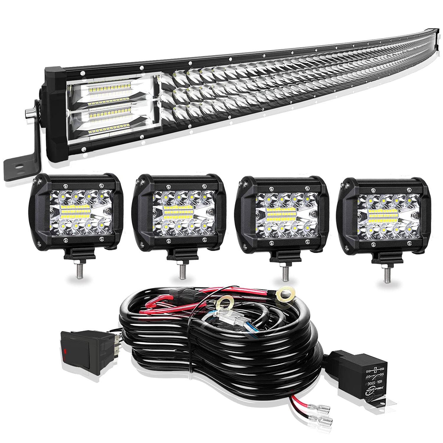 TURBO SII Led Light Bar 30/32Inch 441W Curved Triple Row Offroad Led Bar Waterproof 44100LM Spot Flood Combo + 4Pcs 4 Inch Led Pods Fog Lights + Wiring for Truck SUV Polaris Ranger RZR Golf Cart 4x4