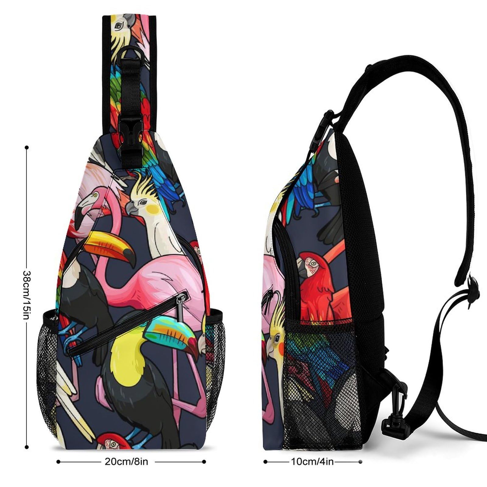 Tropical Birds Flamingo Parrot Sling Bag Full Print Crossbody Backpack Shoulder Bag Lightweight One Strap Travel Hiking Daypack