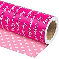 WRAPAHOLIC Reversible Mother's Day Wrapping Paper - Mini Roll - 17 Inch X 33 Feet - Happy Mother's Day and Polka Dot Design, Perfect for Party, Holiday, Wedding, Baby Shower
