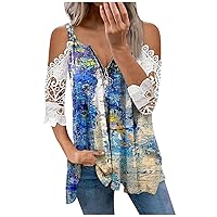 Summer Tops for Women 2024 Dressy Casual Lace Half Sleeve Zipper Shirts Off Shoulder Short Sleeve T-Shirt Blouses Top