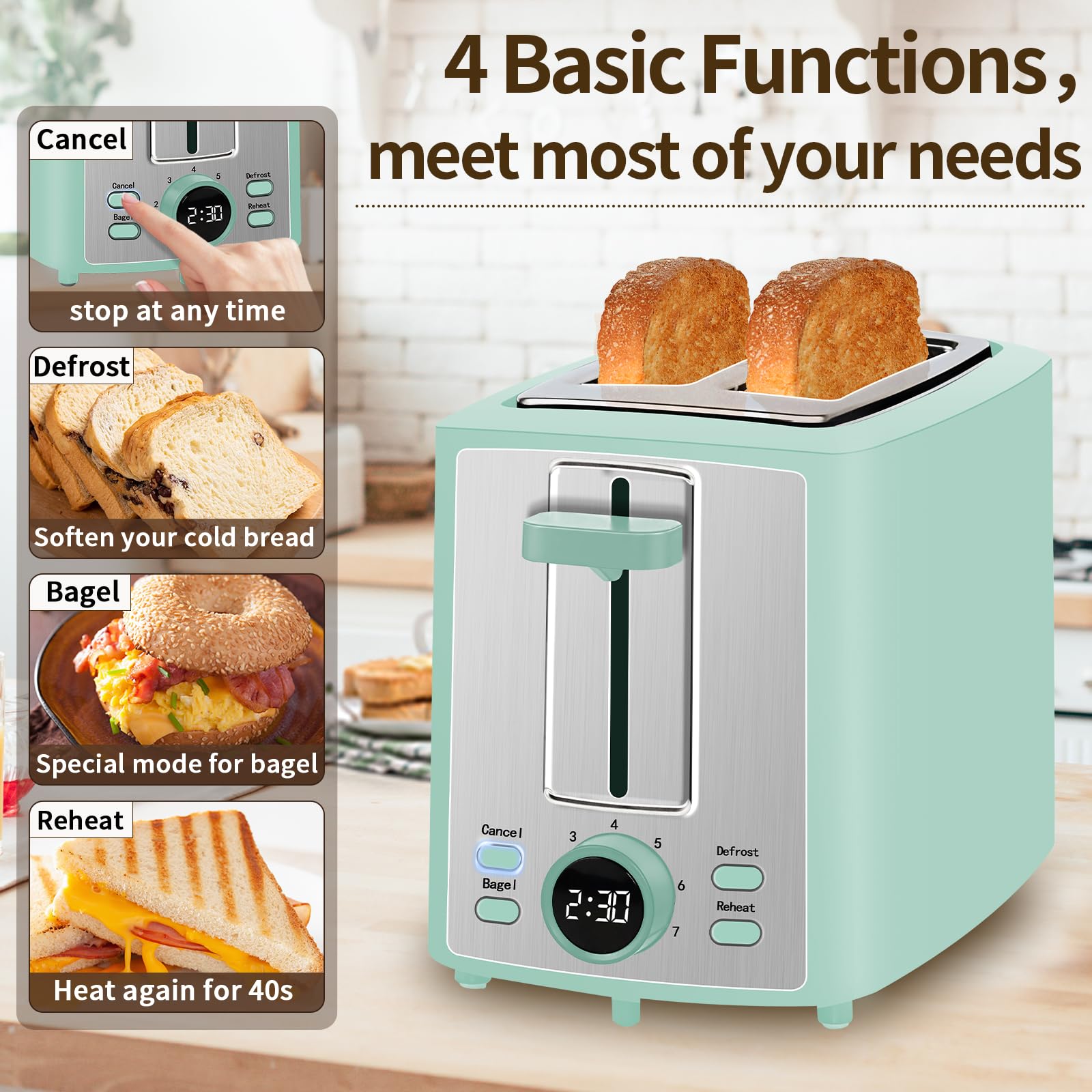 SEEDEEM Toaster 2 Slice, Bread Toaster with LCD Display, 7 Shade Settings, 1.４'' Variable Extra Wide Slots Toaster with Cancel, Bagel, Defrost, Reheat Functions, Removable Crumb Tray, 900W, Azure Blue