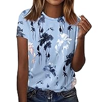 Womens Tees Short Sleeve Short Sleeve Shirts for Women Floral Print Fashion Pretty Casual Loose with Round Neck Summer Tunic Blouses Blue 5X-Large