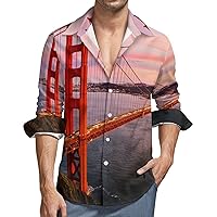 Mens Button Down Long Sleeve Shirts Golden Gate Bridge Soft Peach Skin Velvet Beach Shirts with Pocket color75