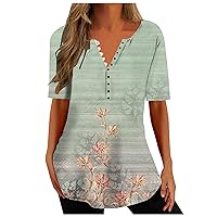 Button Up Shirts for Women Summer Floral Print Tunic Tops Comfy Short Sleeve Henley V Neck Spring Blouses