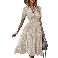 LYANER Women's V Neck Stripe High Waist Puff Short Sleeve Tiered Ruffle Hem Swing Midi Dress