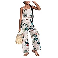 Floerns Girl's 2 Piece Outfit Tropical Print Bow Back Cami Top and Wide Leg Pants Sets