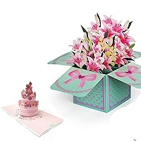 3D Bouquet Pop Up Thank you Card & Pink Birthday Cake Card, Teacher Appreciation Card, Nurses Day Card, Mothers Day Handmade Flowers Box Greeting Card for Mom, Teacher, Wife, Grandma, Dad