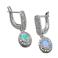RKGEMSS Natural Ethiopian Opal With White Topaz Silver Earrings ~ Opal Gemstone Silver Dangle Earrings ~ Latch Back Hooks ~ Handmade Fire Opal Earrings Jewelry ~ Gift For Her.