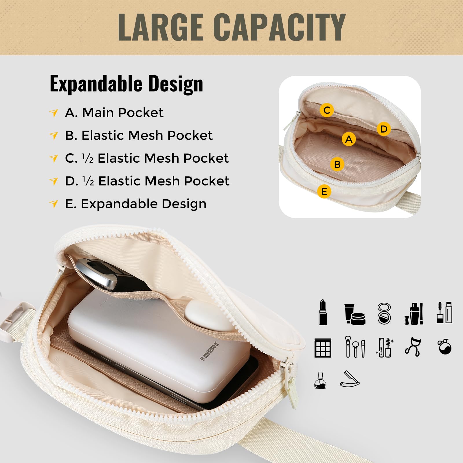 ProCase Upgraded Fanny Pack for Men Women, Fashion Crossbody Belt Bag Waterproof Running Waist Packs Bum Bag with Adjustable Sturdy Strap and Double Zipper to Enlarge Capacity for Travel -Beige