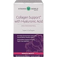 Vitamin World Collagen Support with Hyaluronic Acid 90 Capsules, Supports Healthy Skin, Antioxidant Support, BioCell Type II Collagen, Resveratrol, Grape Seed Extract, Rapid-Release, Gluten Free