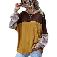 Womens Contrast stitching Crew Neck Long Sleeve Tops Loose Knit Color Block Pullover Sweater