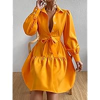TLULY Dress for Women Lantern Sleeve Ruffle Hem Belted Shirt Dress (Color : Orange, Size : Large)