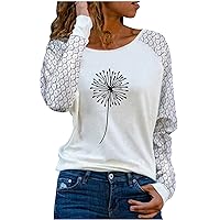 Women’s Casual Blouse Long Sleeve Lace Tops Loose Fit T Shirts Cozy Harmonise Crewneck Cute Printed Pullover