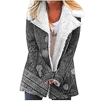 Women Vintage Ethnic Style Sherpa Fleece Lined Coat Oversized Winter Warm Lapel Button Down Outerwear Trendy Jakcets