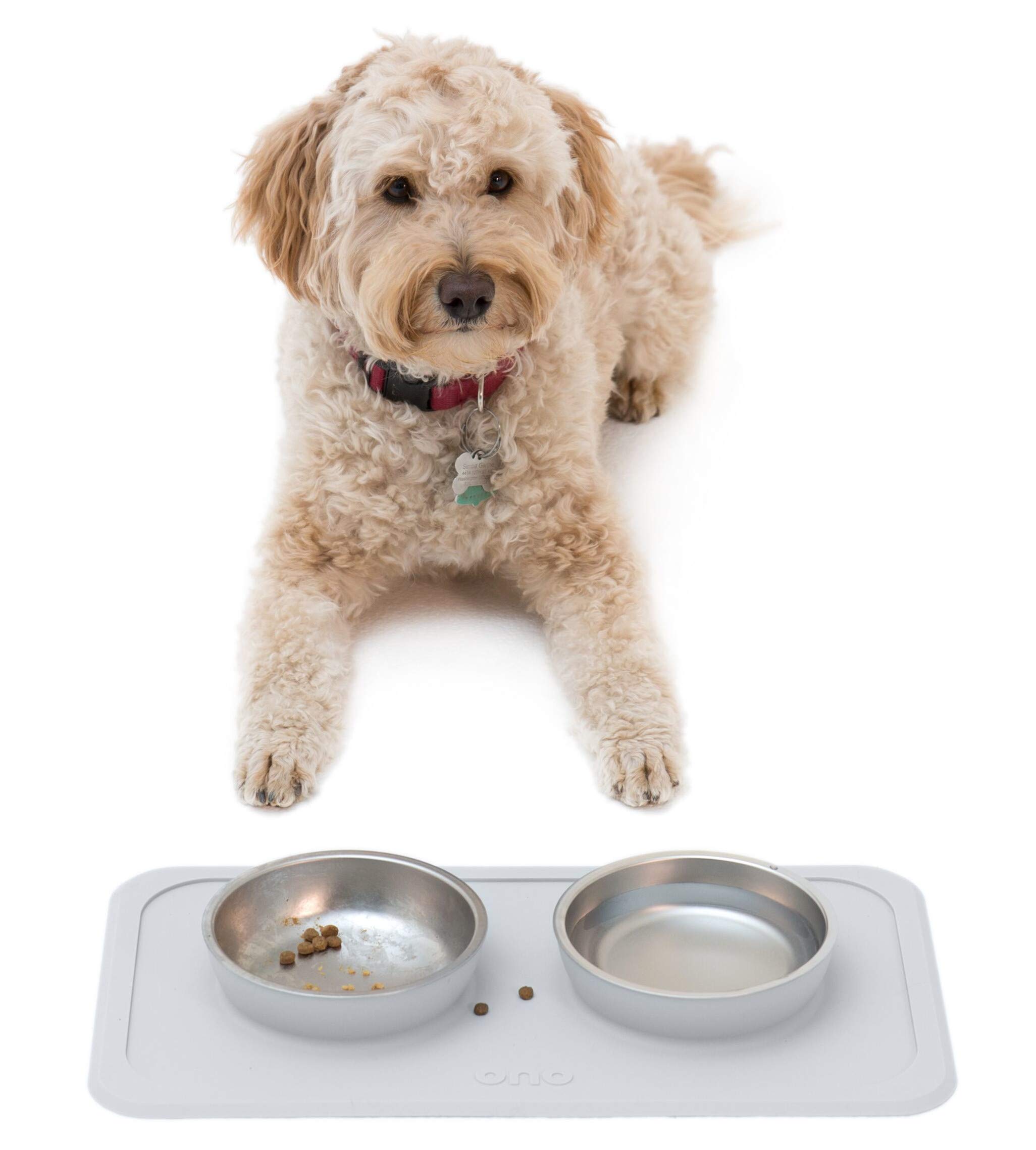 Ono Good Bowl Food & Water Double Feeder - Small to Medium Pets No Spill Non Skid Silicone Mat & Stainless Steel Bowls for Dogs or Cats (Cool Gray)