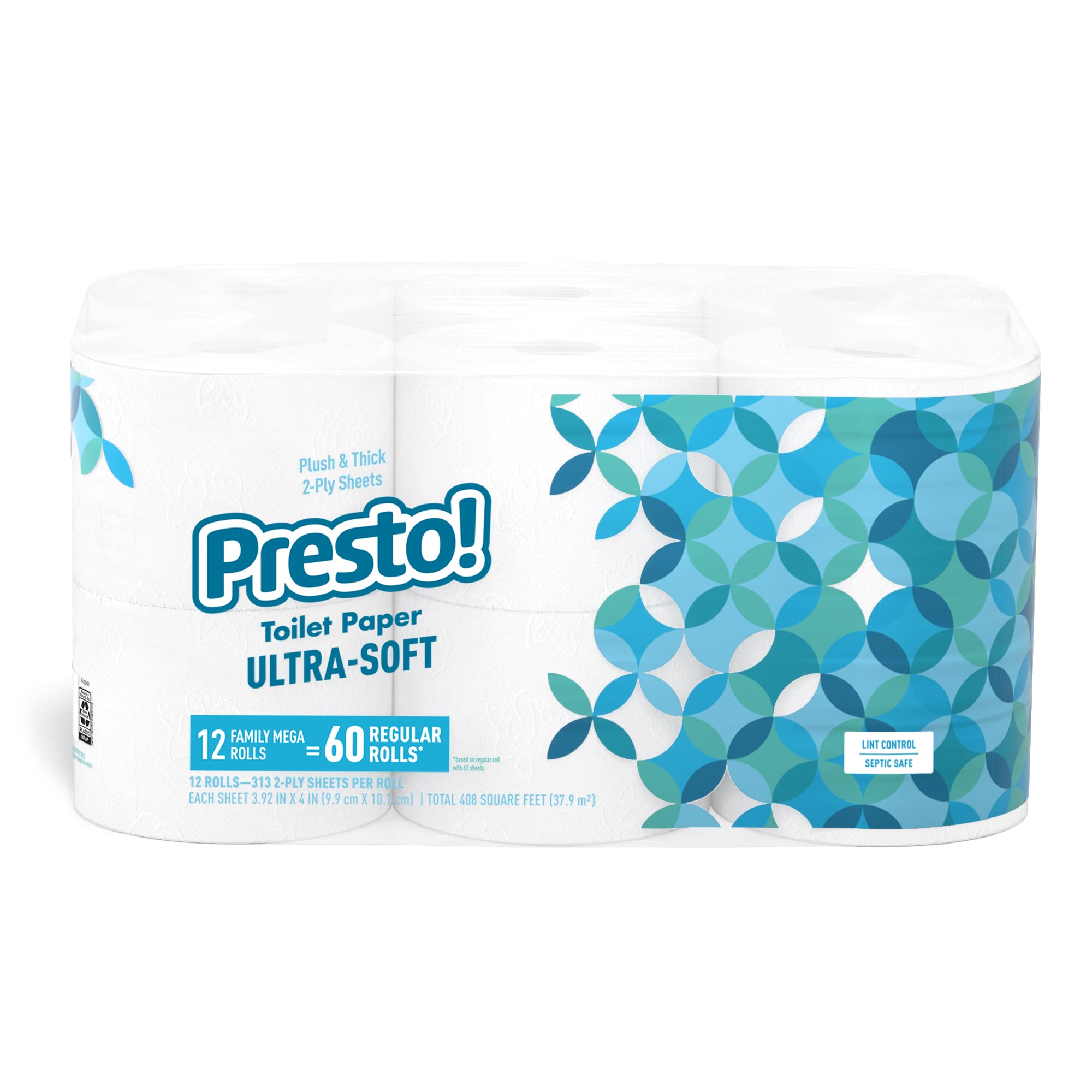 Amazon Brand - Presto! 313 2-Ply Sheet Mega Roll Toilet Paper, Ultra-Soft, 12 Rolls (2 Packs of 6), Equivalent to 60 Regular Rolls, White