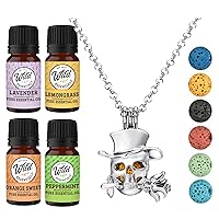 Wild Essentials Top-hat Skull Necklace Essential Oil Diffuser Kit, Lavender, Lemongrass, Peppermint, Orange Oils, 6 Lava Stones, Calming Aromatherapy Gift Set, Customizable Color Changing, Perfume