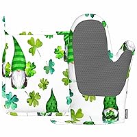 Lucky Clover Leaves Oven Mitt and Pot Holder with Silicone St Patrick Day Gnomes Green Hat Watercolor Cartoon Dwarf Plant Heat Resistant Kitchen for Cooking BBQ Baking Grilling Spring