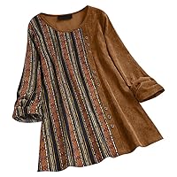 Boho Women Blouse Tops Vintage Long Sleeve Corduroy Ladies Loose Pullover Top Brown L