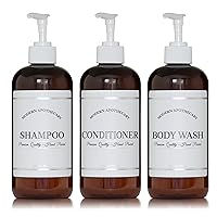 Amber Refillable Shampoo and Conditioner Bottles - Body Wash, Shampoo and Conditioner Dispenser - PET Plastic Shampoo Bottles Refillable with Pump - Waterproof Labels - 16 oz, 3 Pack (White Plastic)
