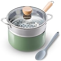 Rockurwok Ceramic Nonstick Sauce Pan, 2.5 Qt Pot With Steamer, Non Toxic Pfas-Free Saucepan, Small Pot Pouring Spout & Wooden Handle For Cool Touch, Universal Base(Gas, Electric & Induction), Green