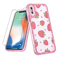 MZELQ for iPhone X Case Red Strawberry Cute Pattern, Soft TPU iPhone X Case for Girls Women + 1* Screen Protector, Camera Hole Protective iPhone X Case 5.8 inch