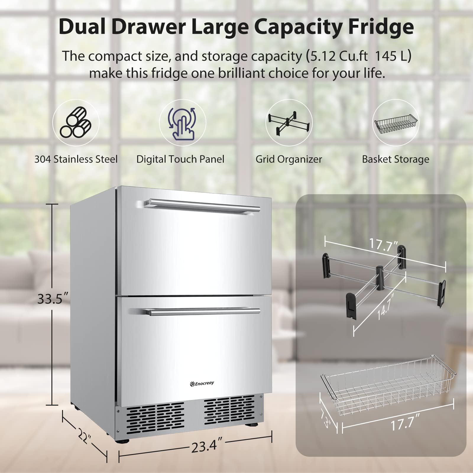 24 Inch Indoor Under Counter Drawer Fridge Stainless Steel Undercounter Refrigerator Freestanding Outdoor Fridge for Home Built-in Commercial Beverage Refrigerator with Dispenser and Digital Display