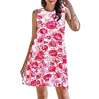 Sundresses for Women Summer Casual A-Line Dress Sleeveless Crewneck Trendy Floral Print Flowy Boho Beach Dress Mini Dress