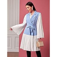 BOBONI Women's Jackets Autumn Lapel Neck Bell Sleeve Two Tone Pleated Hem Belted Coat Lightweight Fashion (Color : Blue and White, Size : Small)