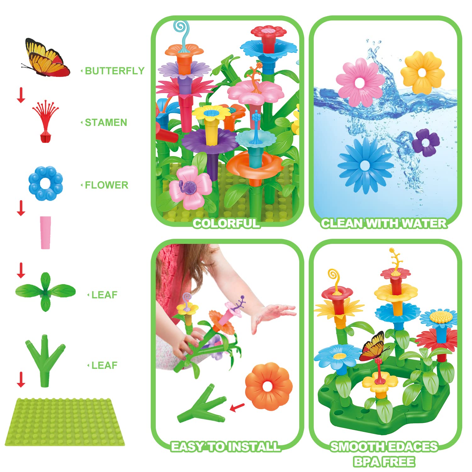 213 pcs Flower Garden Building Toys for 3, 4, 5, 6 Year Old Girls, STEM Educational Activity for Preschool, Gardening Pretend Toys Kit, Christmas & Birthday Gift for Kids & Toddler Toys Age 2-4