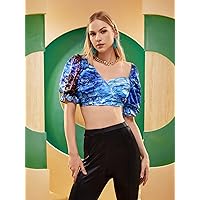 Women's Tops Sexy Tops for Women Puff Sleeve Tie Dye Crop Top Women's Shirts (Color : Multicolor, Size : Large)