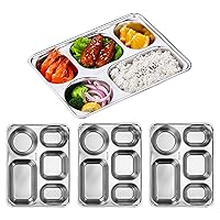 4 Piece Stainless Steel Divided Trays, 5 Section Divided Dinner Plates Rectangular 304 Steel Serving Platter for Baby, Silver 11 x 8.7 x 1.7 Inch