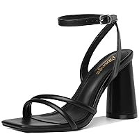RIBONGZ Heeled Sandals for Women Strappy High Heels Square Open Toe Ankle Strap Chunky Heeled Sandals Wedding Bridal Shoes High Heel Sandals for Party Dress