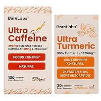Ultra Caffeine 200mg Extended Release Caffeine Pills + 100mg L-Theanine 120 Caps & Ultra Turmeric - High Absorption, 100% Natural & Water Dispersable - Promotes Joint Health, Immune Support & Anti-Inf