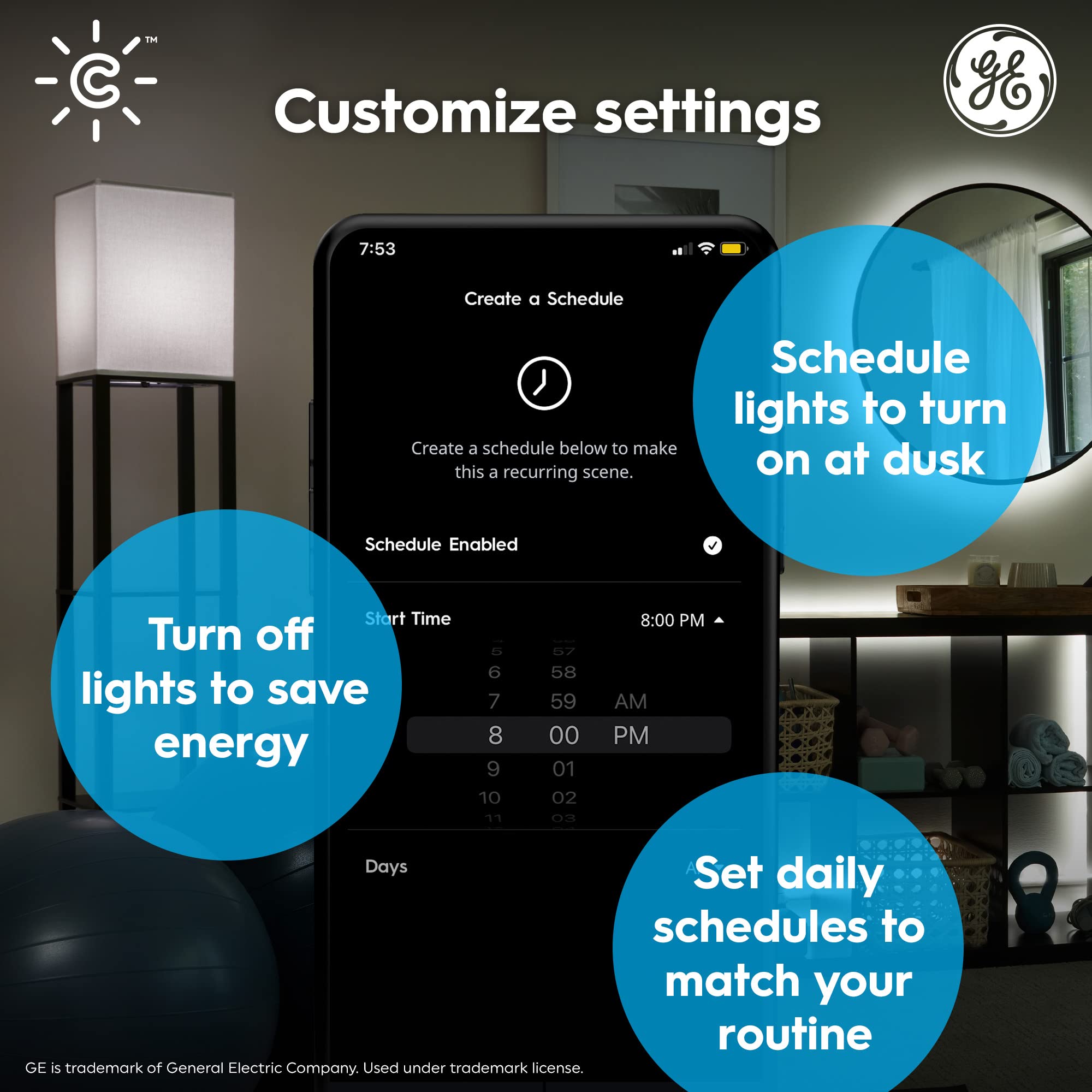GE Lighting CYNC Smart LED Light Bulbs, Soft White, Bluetooth and Wi-Fi, Works with Alexa and Google Home, Decorative Bulbs, Small Base (4 Pack)