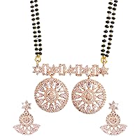 Bodha Traditional Indian Rose Gold Plated Solitaire, CZ, Crystal & AD Studded Mangalsutra Tanmaniya Pendant Necklace Jewellery Set with Earrings (SJN_117), Brass, Cubic Zirconia