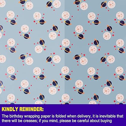 PLULON 6 Sheets Gift Wrapping Paper Birthday, Boys Outer Space Design Wrapping Paper for Kids Present Birthday Party and Baby Shower